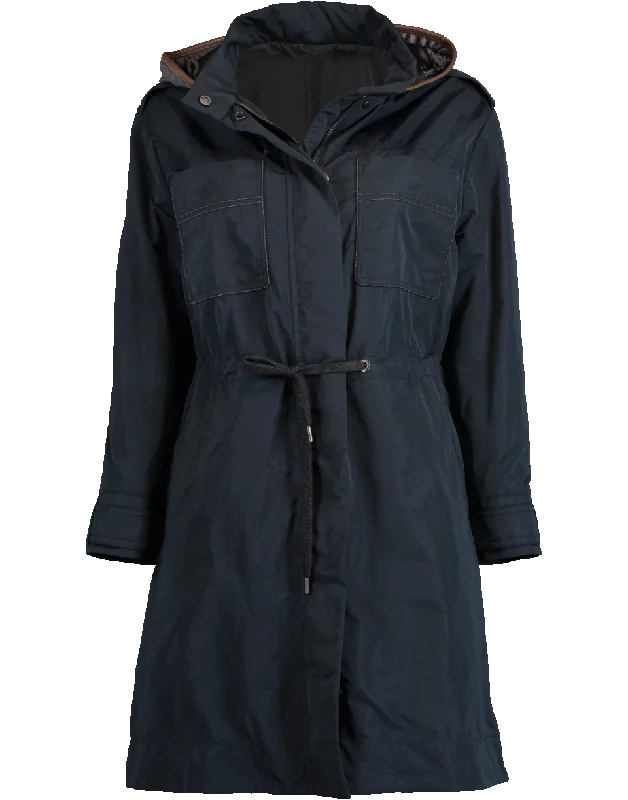 Long Taffeta Jacket Snapped Jacket Toggled Jacket Drawstring Jacket