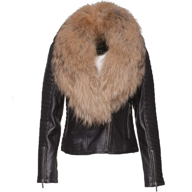 Luciana's Fur Shawl leather jacket with ribbed sleeve detailing A-Line Jacket Boat Neck Shawl Collar