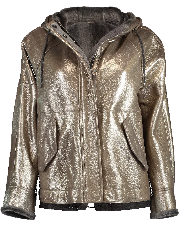 Metallic Shearling Hooded Jacket Nylon Jacket Polyester Jacket Spandex Jacket