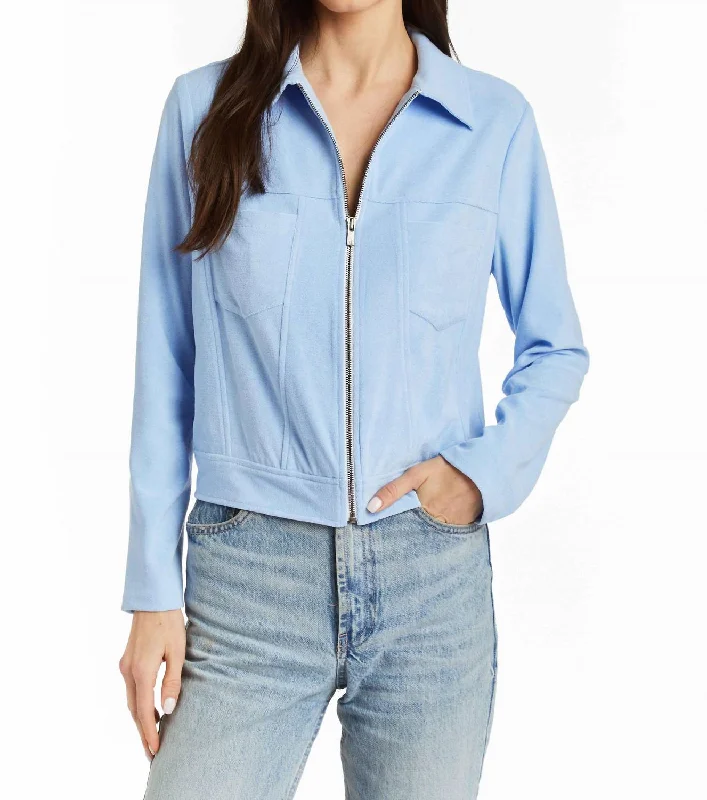 Mickey Terry Zip Front Jacket In Blue Tiered Jacket Buttoned Jacket Zippered Jacket