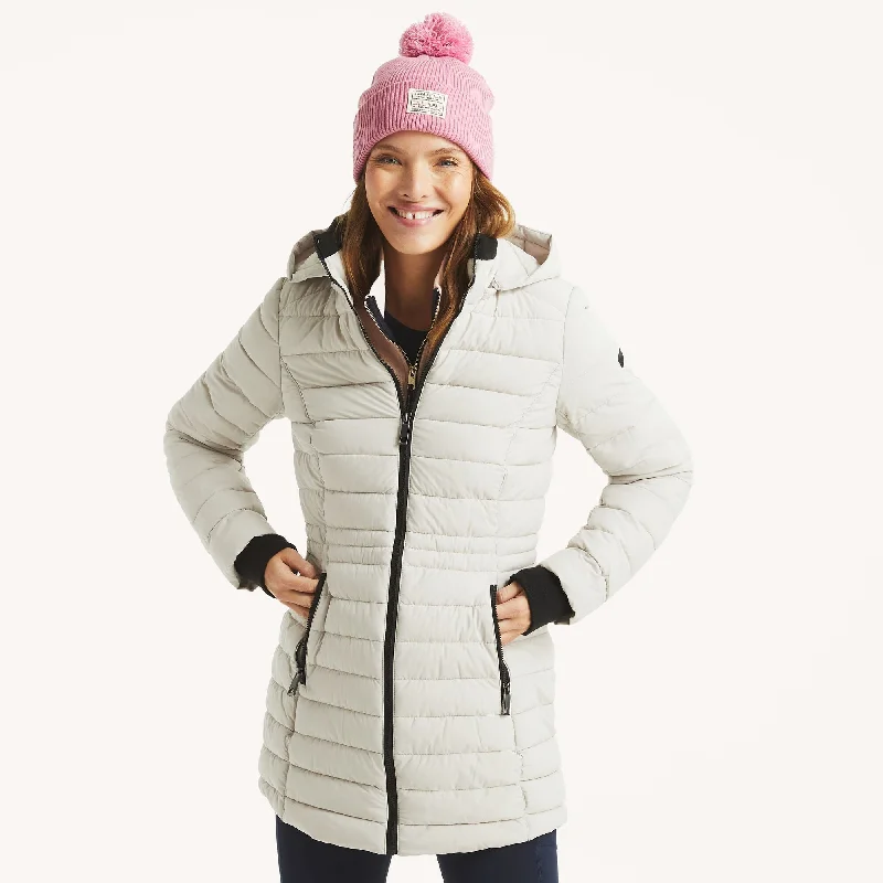 Nautica Womens Puffer Jacket With Removable Hood Tailored Jacket Straight Jacket A-Line Jacket