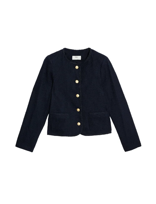 Pure Cotton Tweed Collarless Short Jacket Fleece Jacket Down Jacket Feather Jacket