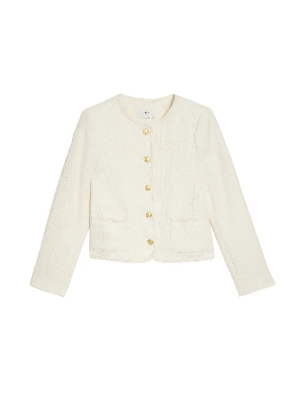Pure Cotton Tweed Collarless Short Jacket Oversized Jacket Tailored Jacket Straight Jacket