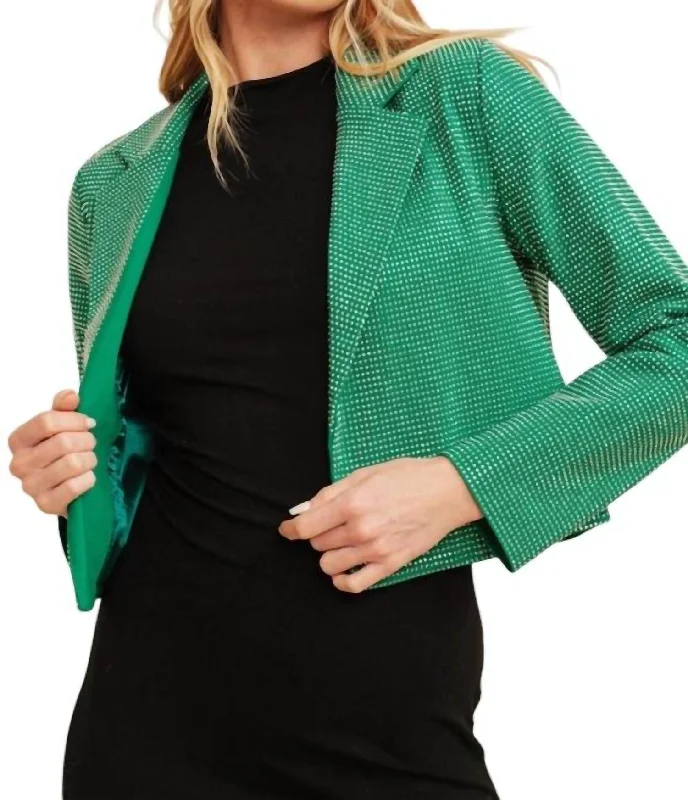 Rhinestone Blazer Jacket In Green Hooded Jacket Caped Jacket Shawl Collar Jacket