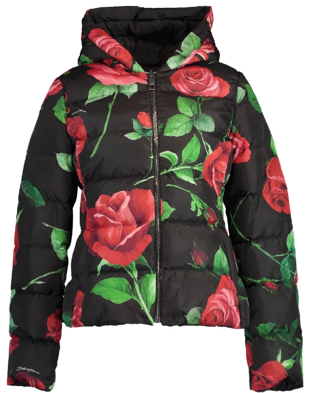 Rose Print Fitted Down Jacket with Hood Zippered Jacket Buttoned Jacket Snapped Jacket
