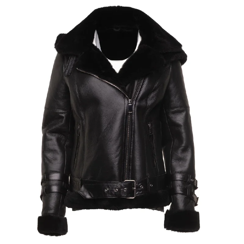 Sofie's black biker style sheepskin shearling jacket with hoodie Toggled Jacket Drawstring Jacket Belted Jacket