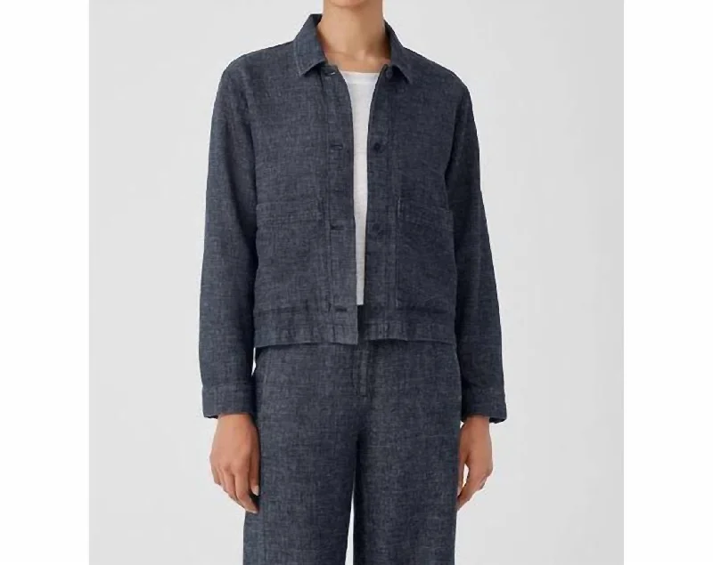 Tweedy Hemp Cotton Classic Collar Jacket In Denim Stand-Up Collar Roll-Neck Collar Turtle Neck
