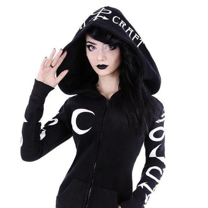 Gothic Moon and Rune Women's Jacket: Lightweight Jacket with bold rune print Faux Fur Fabric Real Fur Fabric Shearling Fabric