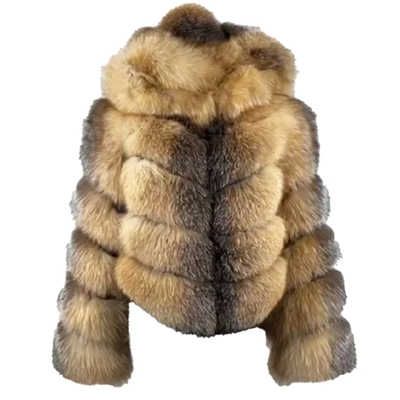 Women's Fox Fur Bomber Hooded Jacket Embroidered Jacket Appliqued Jacket Beaded Jacket