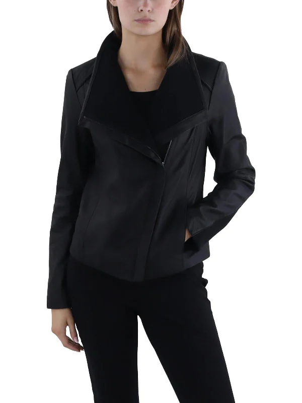 Womens Leather Asymmetric Leather Jacket Zip Front Button Front Snap Front
