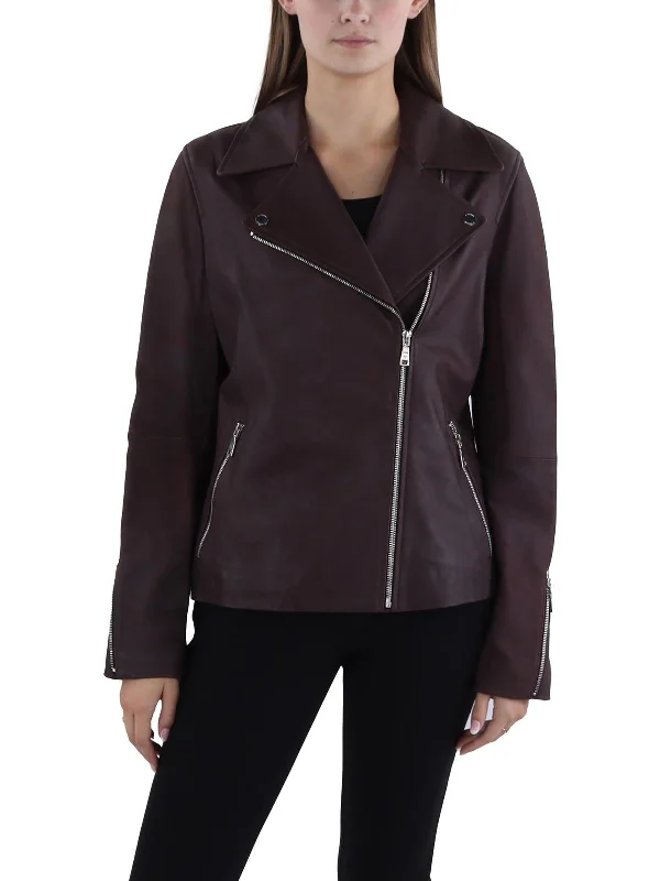 Womens Leather Zipper Leather Jacket Toggled Jacket Drawstring Jacket Belted Jacket