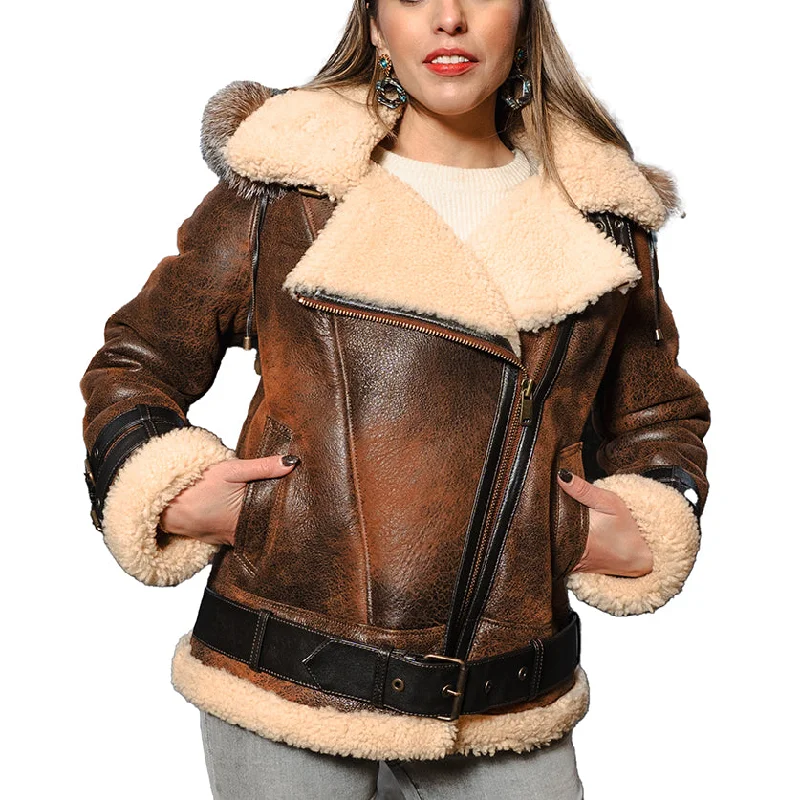 Women's Rocco Vintage Distressed Brown Shearling Jacket Wool Fabric Cashmere Fabric Tweed Fabric