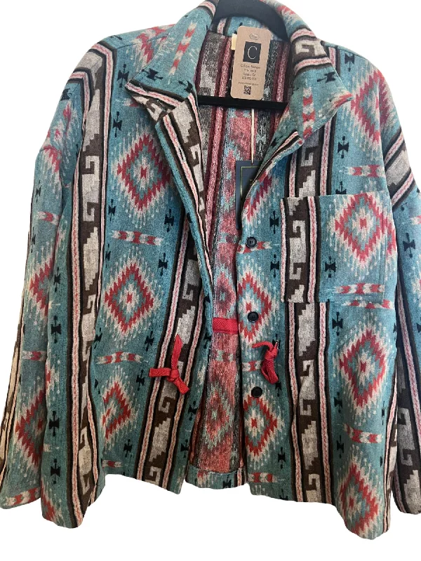 Women's Western Jacket In Green Multi Notch Collar Jacket Peter Pan Collar Jacket Cowl Neck Jacket