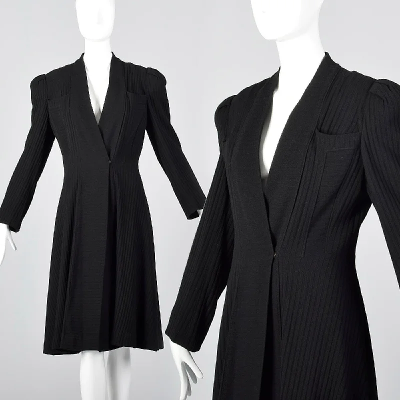 1940s Black Striped Wrap Coat Fleece Lined Windbreaker