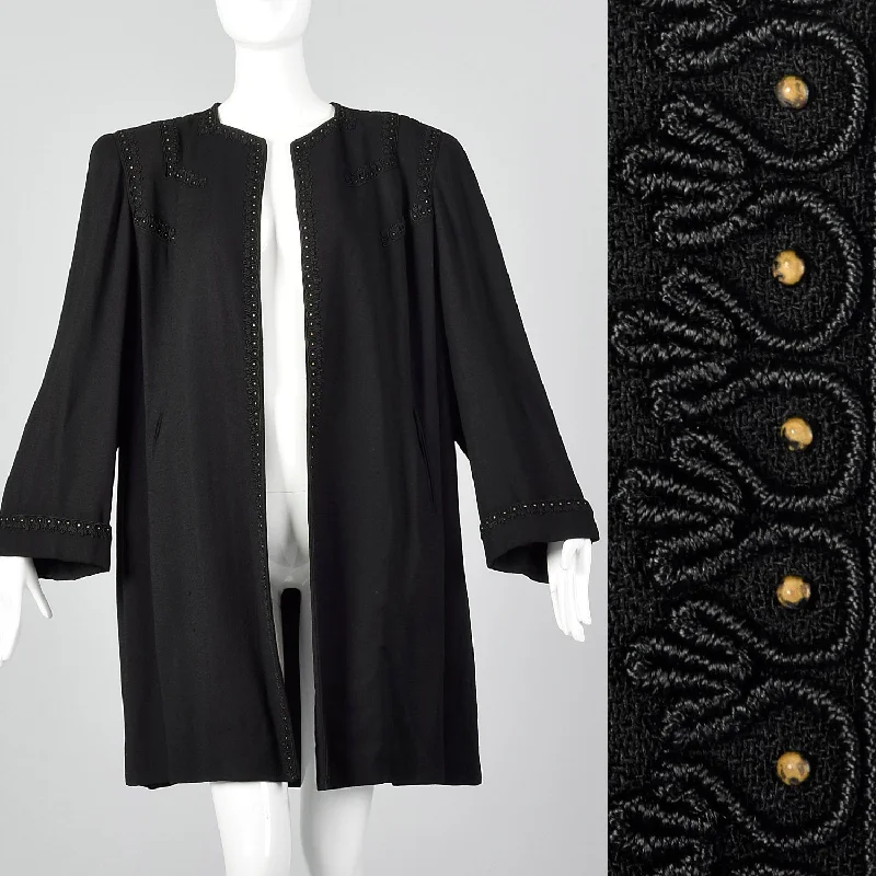 1940s Black Swing Coat with Soutache & Studs Ultra-Light Down Coat