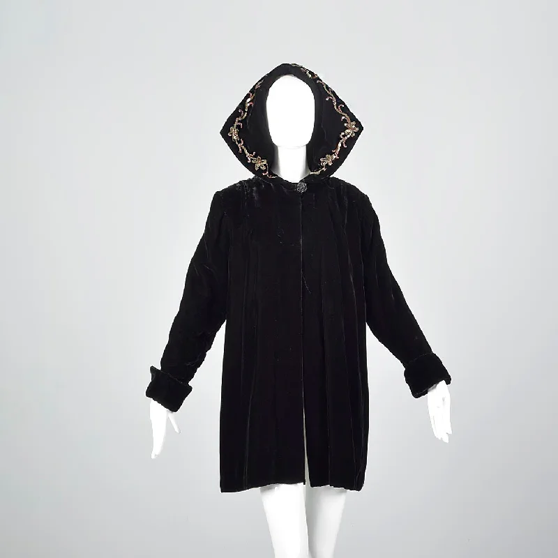 1940s Black Velvet Coat with Sequin Hood Cozy Fleece Hoodie