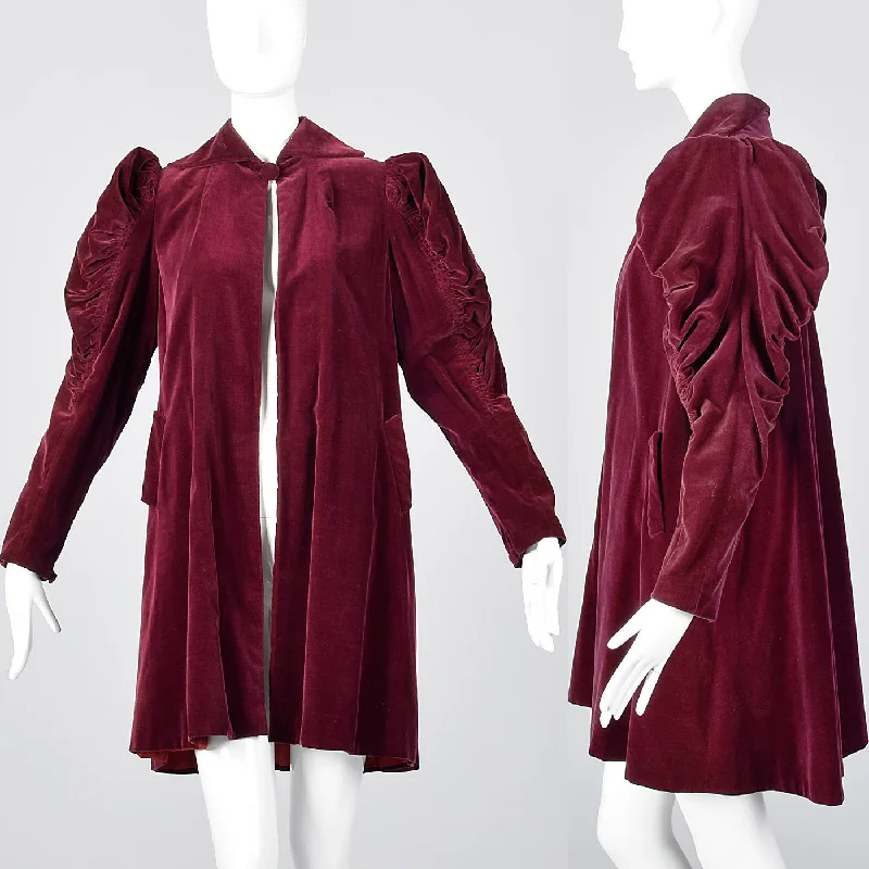 1940s Burgundy Velvet Coat with Mutton Sleeves Padded Ski Jacket