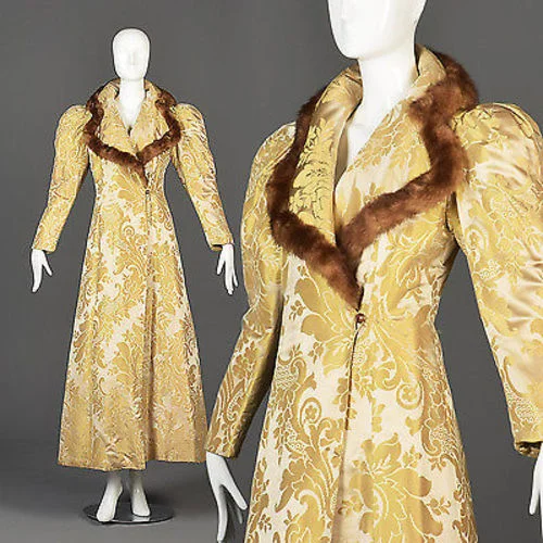 1940s Gold Brocade Coat with Mink Fur Trim Open-Knit Duster Coat