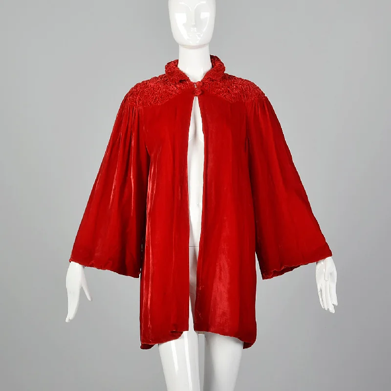 1940s Lightweight Red Velvet Swing Coat Fur-Lined Aviator Coat