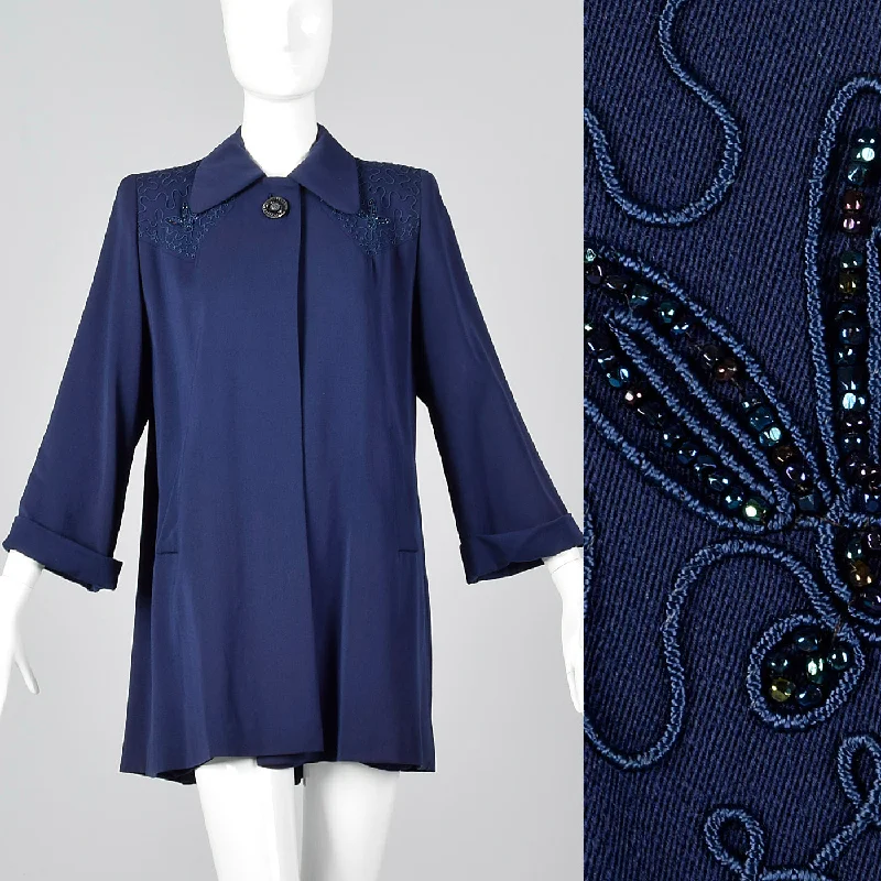 1940s Navy Blue Gabardine Swing Coat with Beading Fitted Faux Suede Blazer