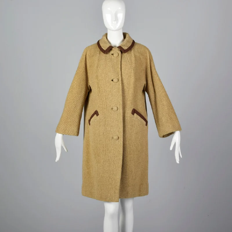 1950s Beige Tweed Coat with Brown Trim Belted Midi-Length Coat