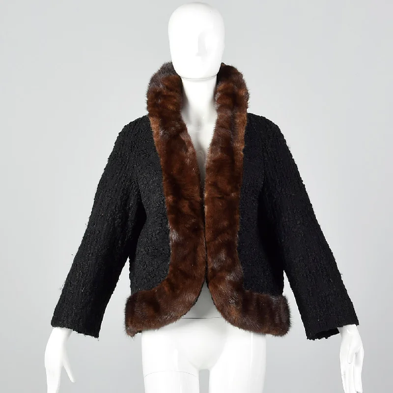 1950s Black Boucle Wool Coat with Mink Trim Minimalist Wool Duster