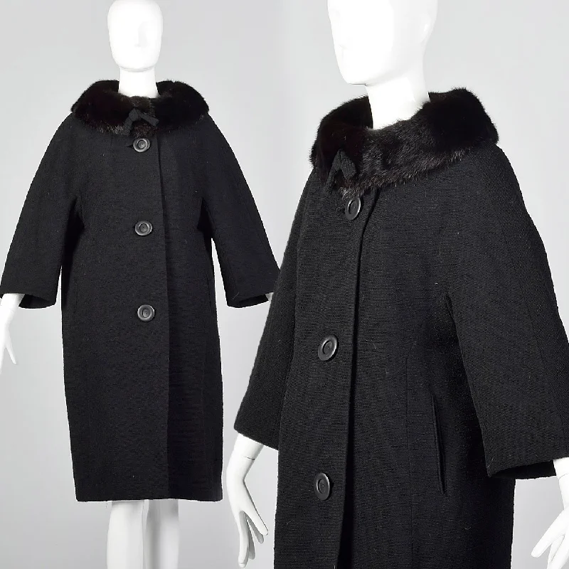 1950s Black Wool Coat with Mink Collar Softshell Outdoor Jacket