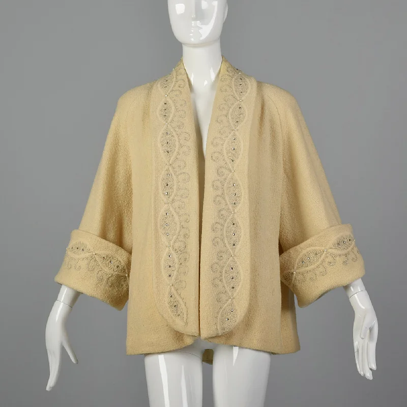 1950s Cream Wool Swing Coat with Extra Wide Cuffs Puff Shoulder Coat