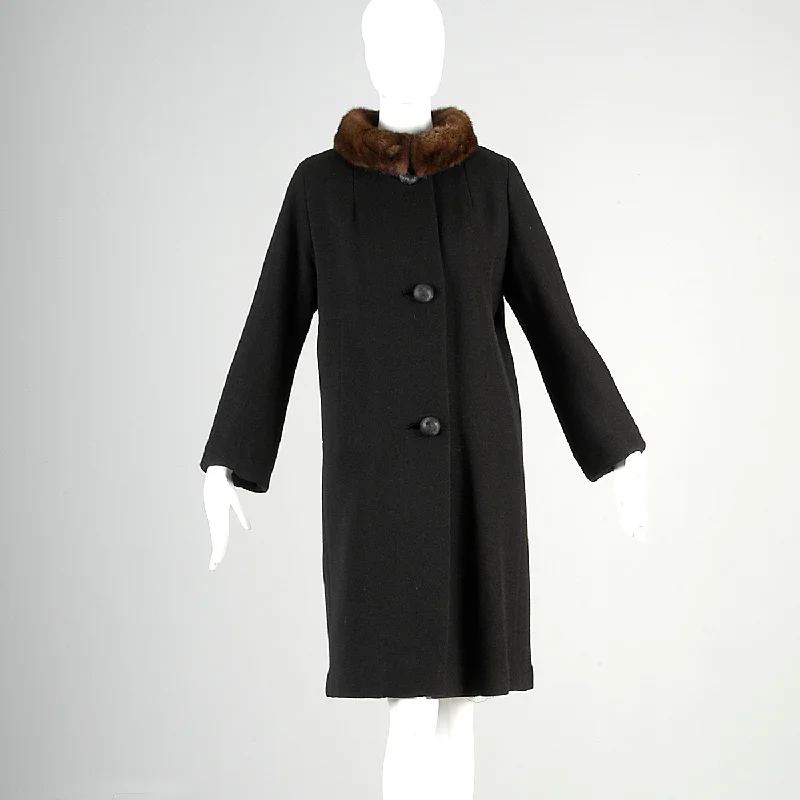 1960s Black Coat with Brown Mink Collar Fleece Lined Windbreaker