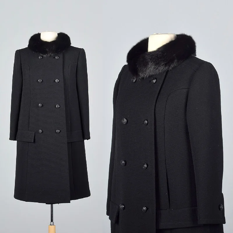 1960s Black Double Breasted Coat with Mink Collar Elegant Cape Blazer