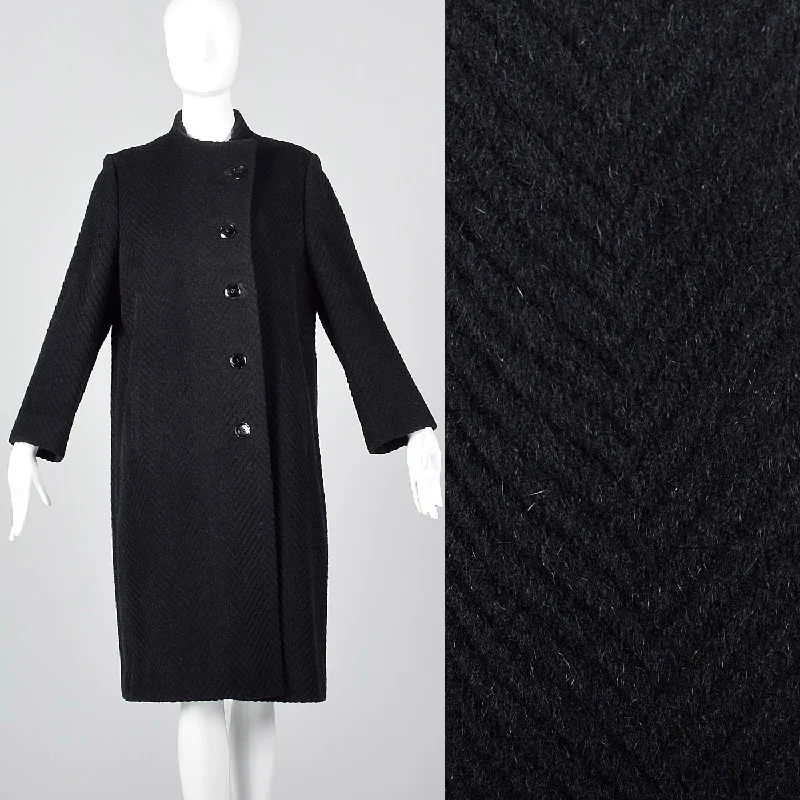 1960s Black Textured Chevron Winter Coat Soft Flannel Shacket