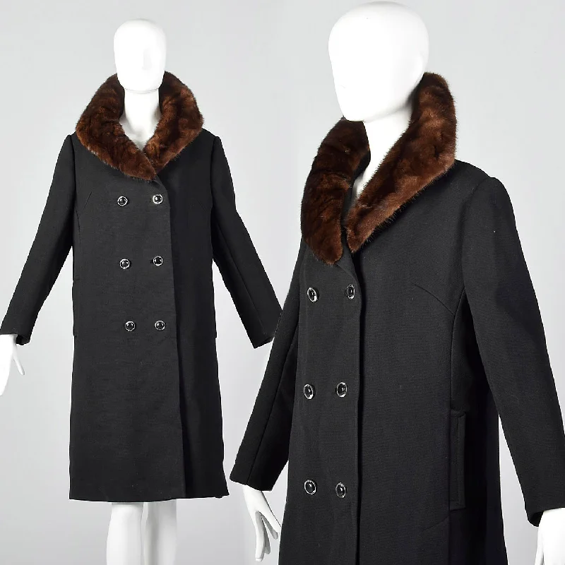 1960s Black Wool Double Breasted Coat with Mink Collar Fuzzy Sherpa Pullover