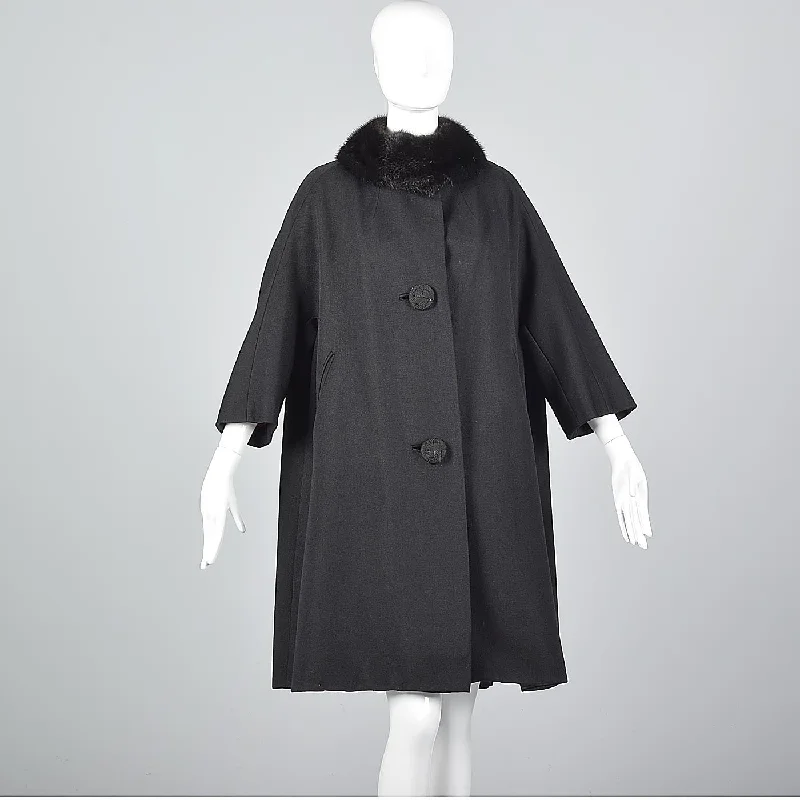 1960s Black Wool Swing Coat with Mink Collar Hooded Puffer Anorak