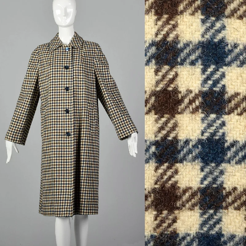 1960s Brown and Navy Plaid Wool Coat Classic Trench Coat