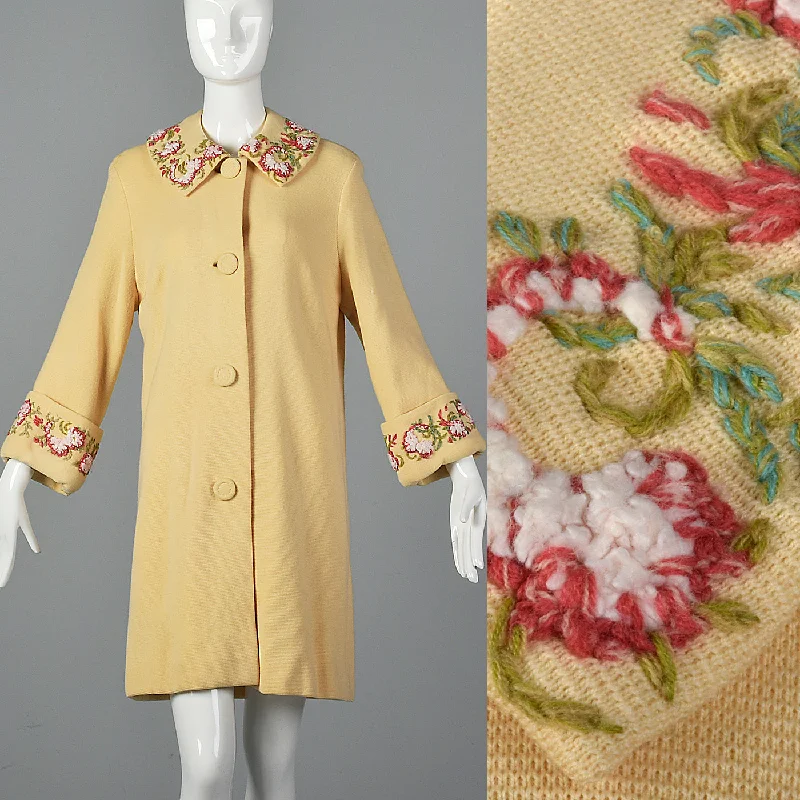 1960s Cream Knit Coat with Floral Embroidery Trim Elegant Wool Jacket
