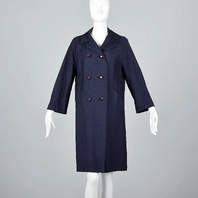 1960s Navy Blue Coat with Ribbon Stripe Taffeta Lining Draped Longline Jacket