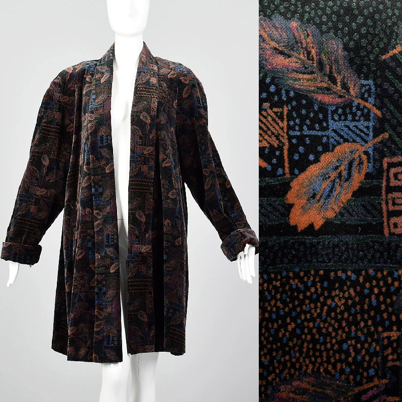 1980s Black Cotton Velvet Swing Coat Pastel Wool Peacoat