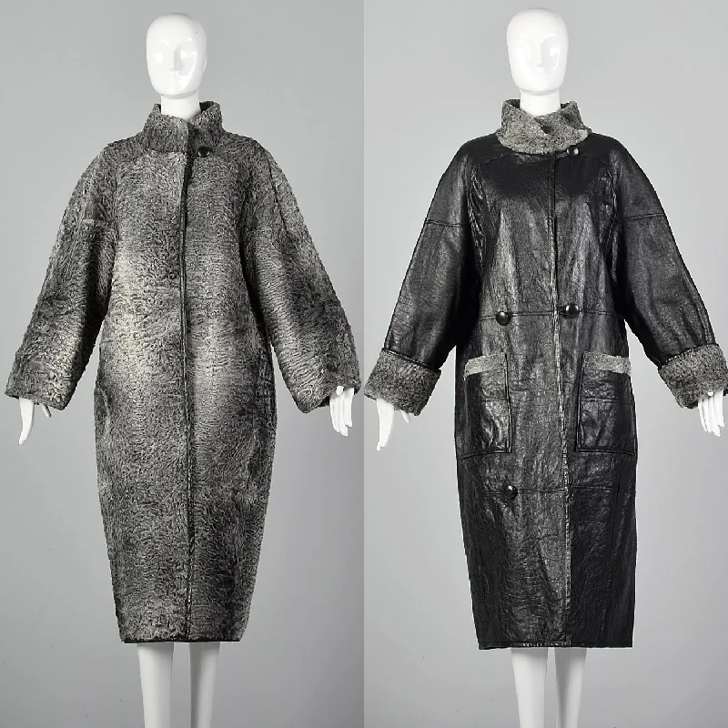 1980s Black Leather Gray Wool Reversible Coat Relaxed Utility Shacket