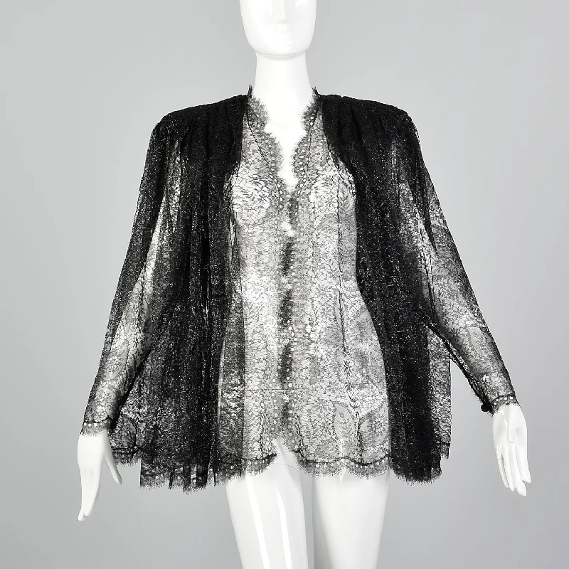 1980s Black & Silver Lace Swing Coat Galanos Button-Up Cardigan Coat