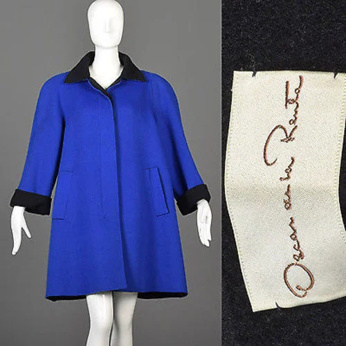 1980s Oscar de la Renta Royal Blue Swing Coat Luxe Satin Long Coat