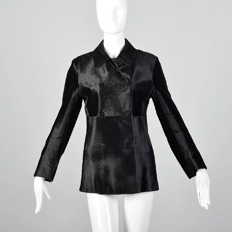 1990s Donna Karan Signature Black Pony Hair Coat Long Hooded Anorak