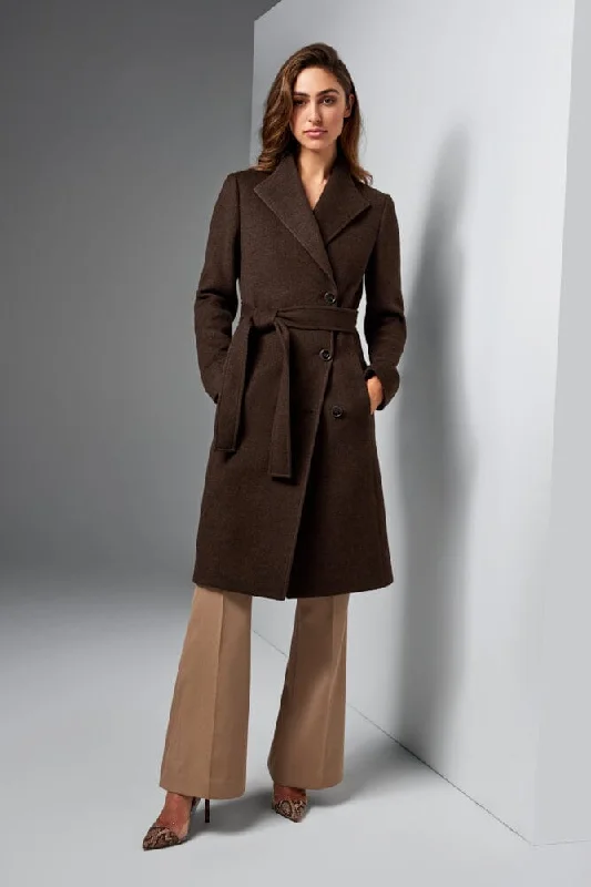 Amelie Tailored Wrap Coat - Brown Mocha Wool Functional Travel Jacket