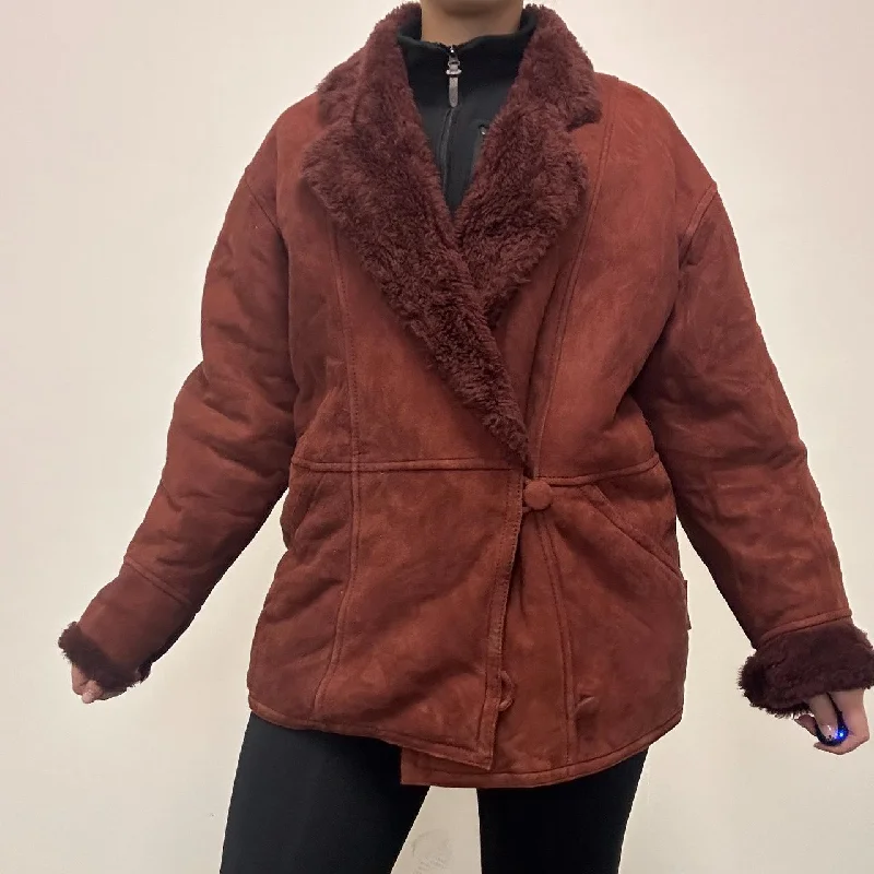 Anne Klein Red Shearling Suede Sheepskin Coat - UK 12 Puff Sleeve Blazer