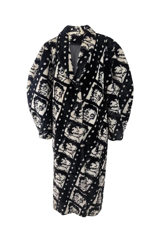 Apparence Vintage Black & White Movie Star Faux Fur Coat, 1980s Belted Midi-Length Coat
