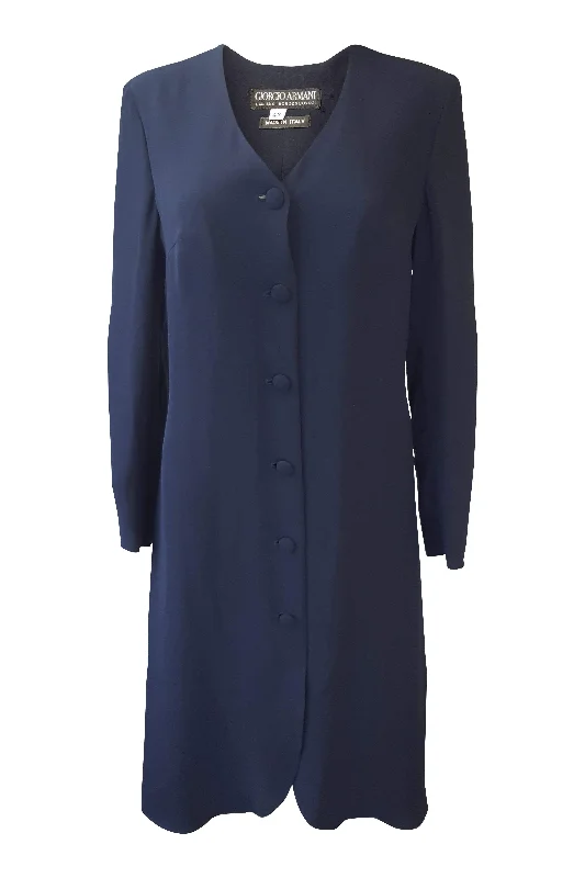 ARMANI Blue Silk Blend Knee Length Coat (IT 42) Fur-Trimmed Winter Coat