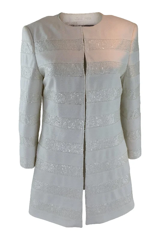 BASLER Women's 3/4 Length White Striped Long Coat (UK 12) Relaxed Fit Blazer