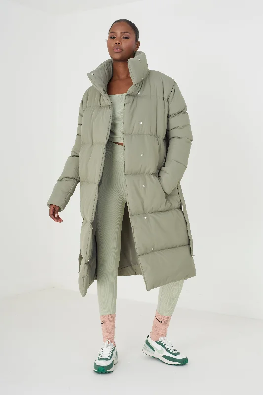 BELTED MAXI PUFFER COAT, KHAKI Belted Crossover Blazer