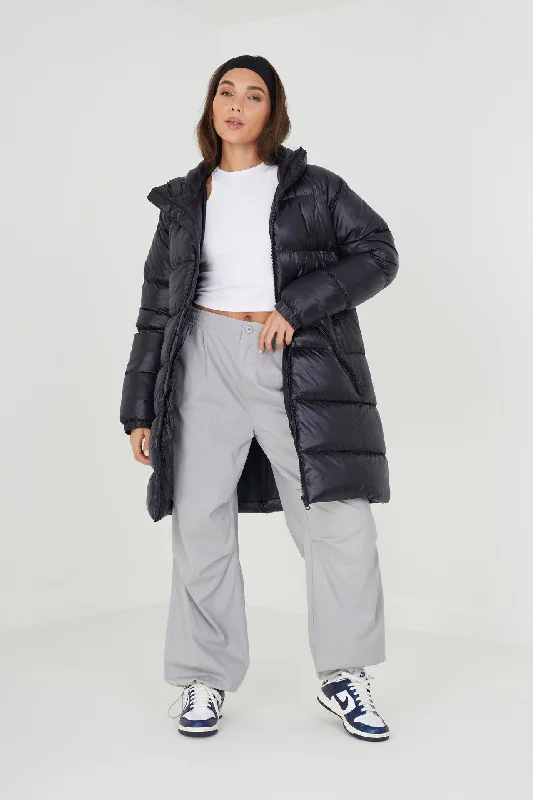BLACK HIGH SHINE LONGER LENGTH PUFFER COAT Structured Wool Blazer