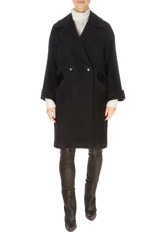 Black Wool Double Breasted Coat With Mink Trim Puff Sleeve Overcoat
