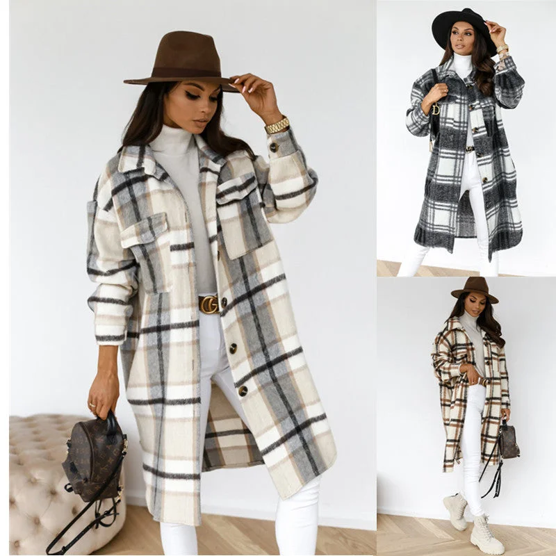 Button Lapel Casual Warm Plaid Long Woolen Coat Belted Wool Overcoat